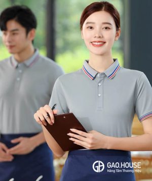 Áo đồng phục nhà hàng màu xám cổ phối tam sắc