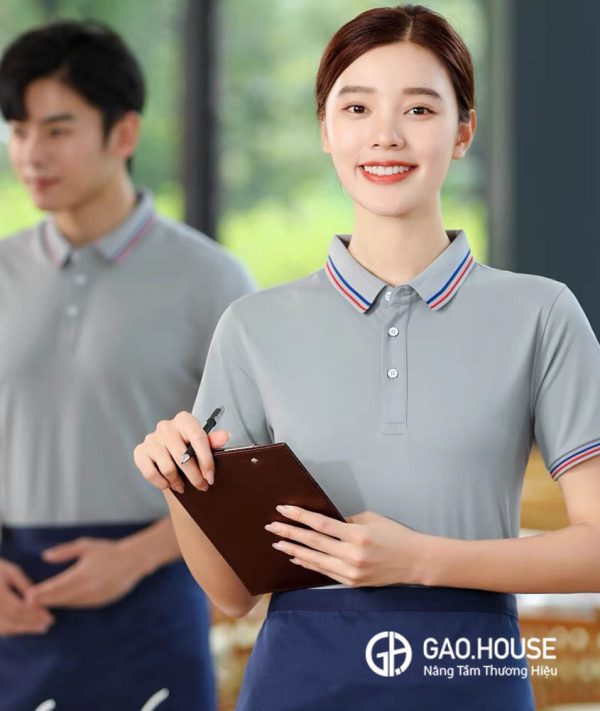 Áo đồng phục nhà hàng màu xám cổ phối tam sắc