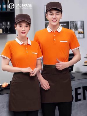 Áo polo đồng phục nhà hàng màu cam phối cổ trắng