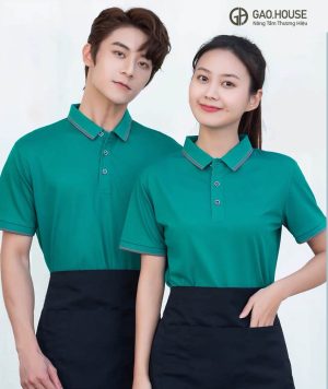 Mẫu áo đồng phục nhà hàng màu xanh cổ phối màu