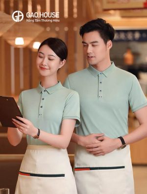 Áo đồng phục nhà hàng có cổ trơn màu form suông
