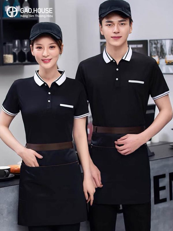 Áo đồng phục nhà hàng màu có cổ màu đen phối trắng