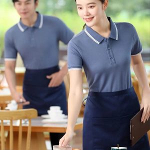 Áo đồng phục nhà hàng thiết kế có cổ phối bo dệt