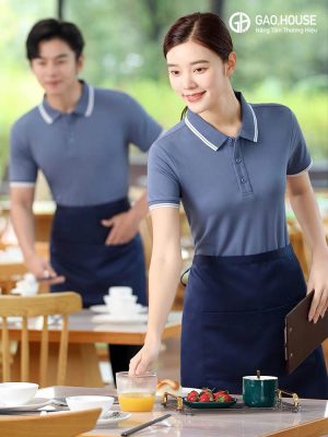 Áo đồng phục nhà hàng thiết kế có cổ phối bo dệt