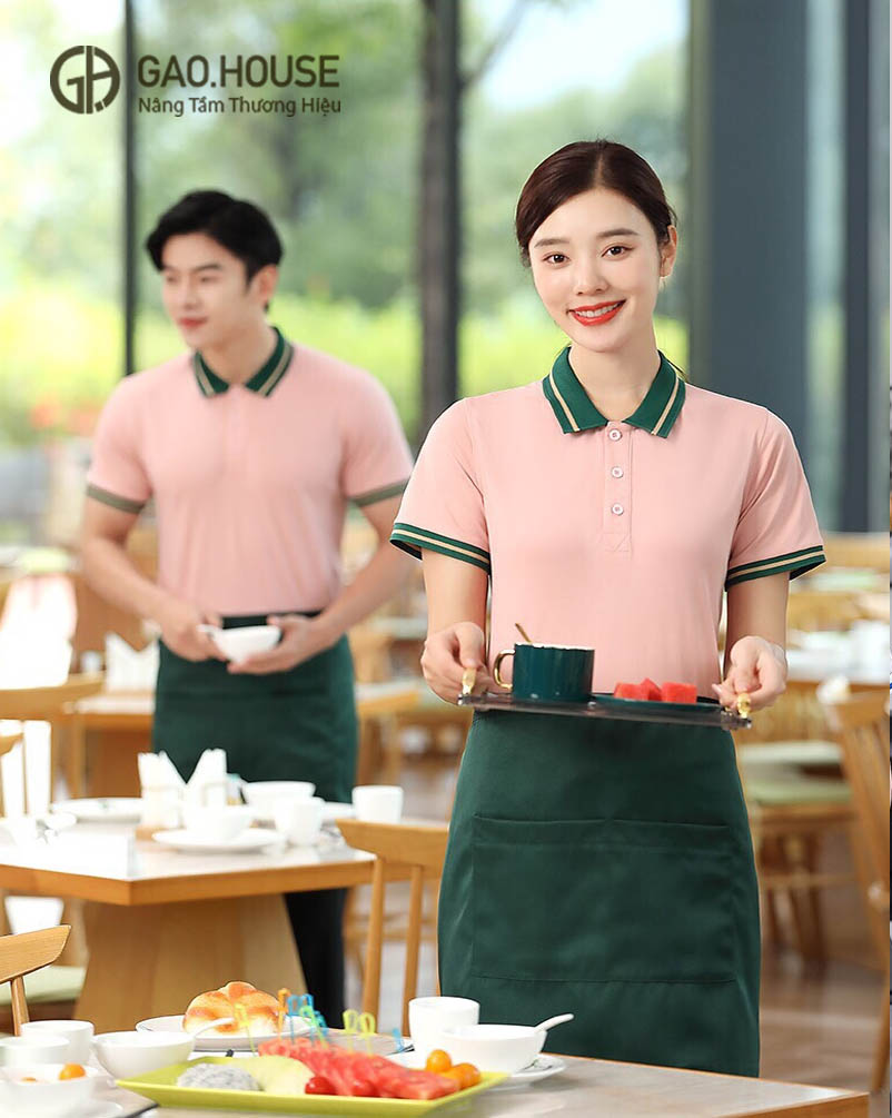 Áo thun đồng phục nhà hàng có cổ màu hồng cổ line xanh
