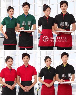 Mẫu áo đồng phục nhà hàng màu đen phối lé cổ