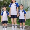 Áo đồng phục mầm non màu trắng phối cầu vai xanh dương