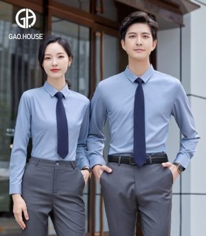 Áo đồng phục sơ mi công sở dài tay màu xanh