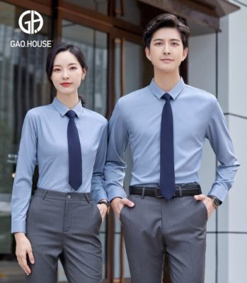 Áo đồng phục sơ mi công sở dài tay màu xanh