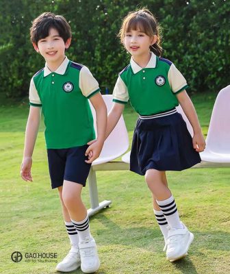Áo đồng phục mầm non xanh lá cây phối trắng