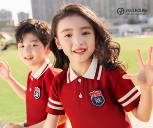 Áo đồng phục mầm non tone đỏ line trắng