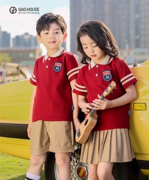 Áo đồng phục mầm non tone đỏ line trắng