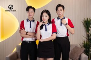 Đồng phục công ty màu trắng phối sườn đỏ cao cấp
