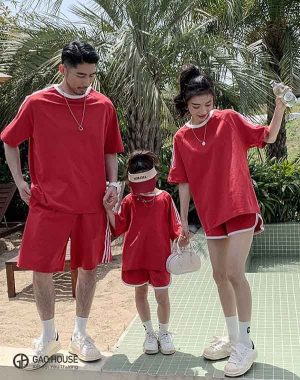 Áo đồng phục gia đình cổ tròn màu đỏ
