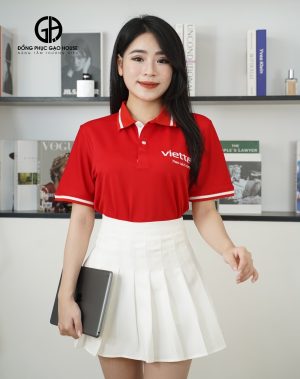 Đồng phục công ty màu đỏ phối cổ bo dệt cao cấp