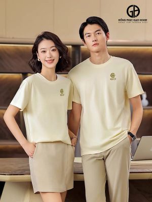 Áo đồng phục công ty cổ tròn màu kem