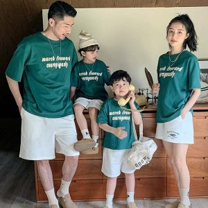 Áo gia đình cổ tròn mùa hè màu xanh