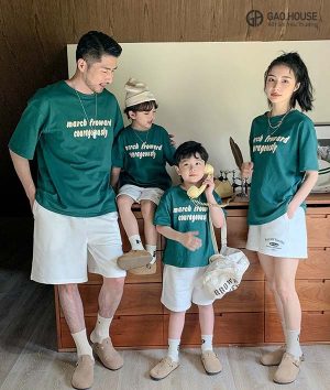 Áo gia đình cổ tròn mùa hè màu xanh