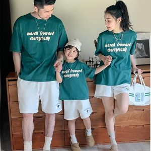 Áo gia đình cổ tròn mùa hè màu xanh