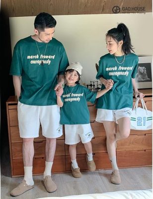 Áo gia đình cổ tròn mùa hè màu xanh