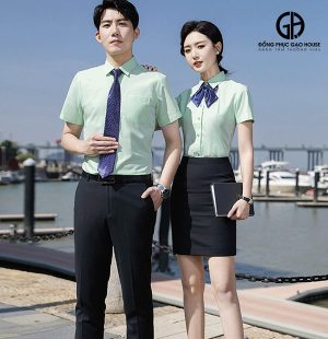 Áo đồng phục công sở sơ mi tone xanh dịu