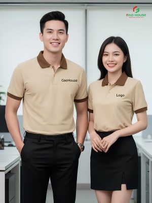 áo công ty màu be phối cổ nâu