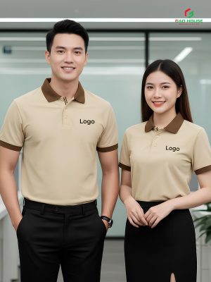 áo công ty màu be phối cổ nâu