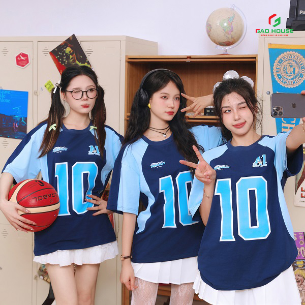 áo đồng phục lớp màu xanh cổ tròn