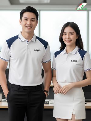 áo polo đồng phục doanh nghiệp màu trắng phối vai xanh