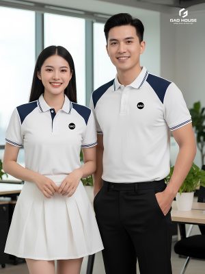 áo polo đồng phục doanh nghiệp màu trắng phối vai xanh