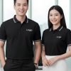đồng phục công ty màu đen phối bo cổ sọc trắng