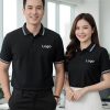 đồng phục công ty màu đen phối bo cổ sọc trắng