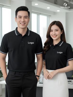 đồng phục công ty màu đen phối bo cổ sọc trắng