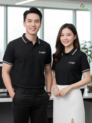 đồng phục công ty màu đen phối bo cổ sọc trắng
