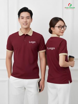 đồng phục công ty màu đỏ phối cổ be