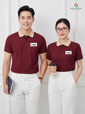 đồng phục công ty màu đỏ phối cổ be