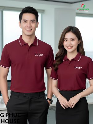 đồng phục công ty màu đỏ đô phối cổ sọc trắng