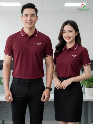 đồng phục công ty màu đỏ đô phối cổ sọc trắng