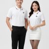 đồng phục công ty màu trắng phối cổ dệt đỏ