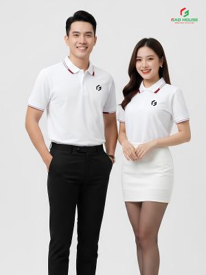 đồng phục công ty màu trắng phối cổ dệt đỏ