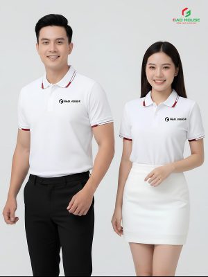 đồng phục công ty màu trắng phối cổ dệt đỏ
