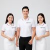 đồng phục công ty màu trắng phối cổ dệt đỏ