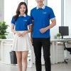 đồng phục công ty màu xanh dương phối cổ trắng