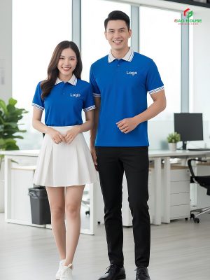 đồng phục công ty màu xanh dương phối cổ trắng