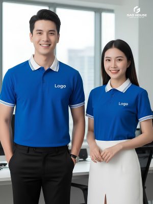 đồng phục công ty màu xanh dương phối cổ trắng