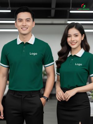 đồng phục công ty màu xanh phối cổ trắng