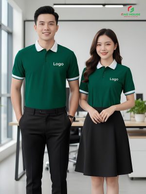 đồng phục công ty màu xanh phối cổ trắng