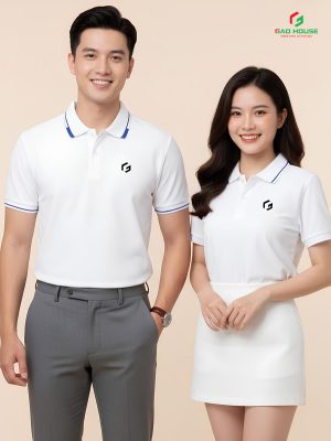 đồng phục doanh nghiệp màu trắng phối cổ dệt xanh