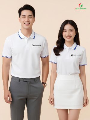 đồng phục doanh nghiệp màu trắng phối cổ dệt xanh