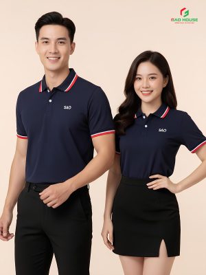 đồng phục doanh nghiệp màu xanh than phối bo cổ trắng đỏ